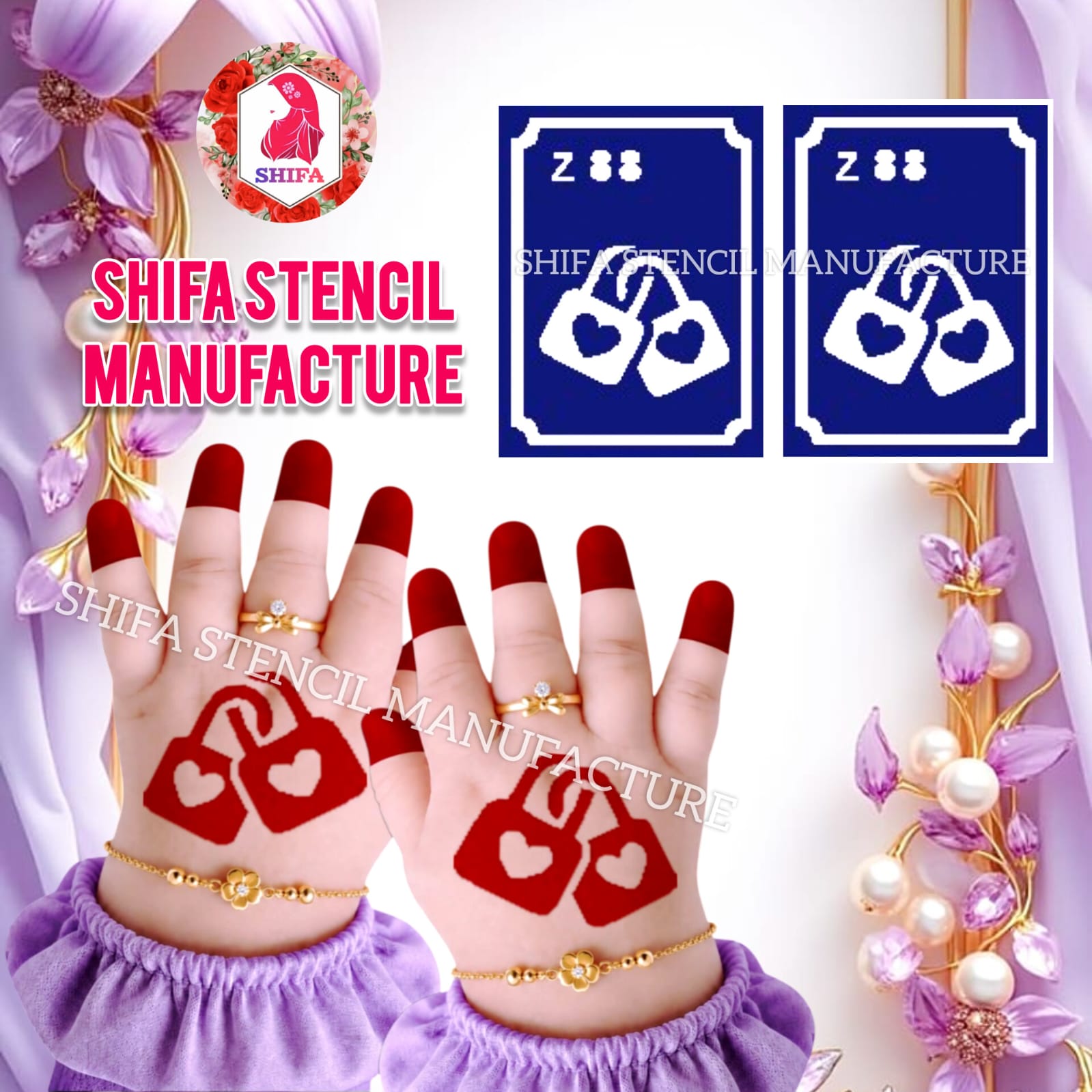 Z 88 Hearts in Tandem Sticker overview Henna Stencil - Shifa Stencil